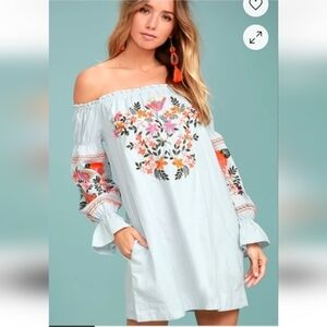 Free People Light Blue Off-Shoulder Embroidered Floral Long Sleeve Dress